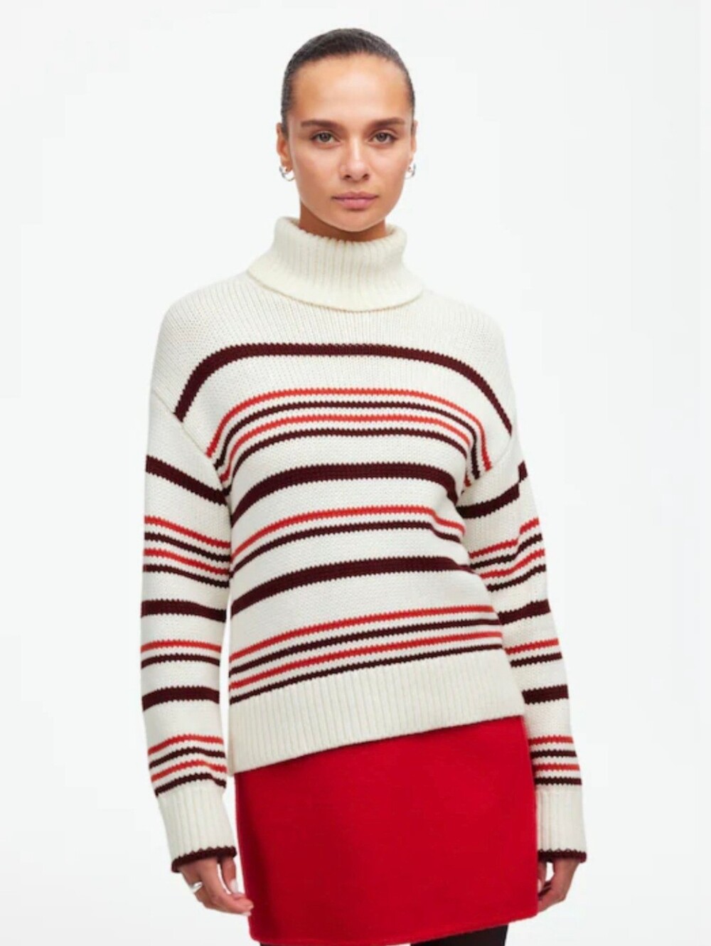 Madewell Ribbed Cotton Turtleneck Chunky Jnit Sweater in Stripe Cream